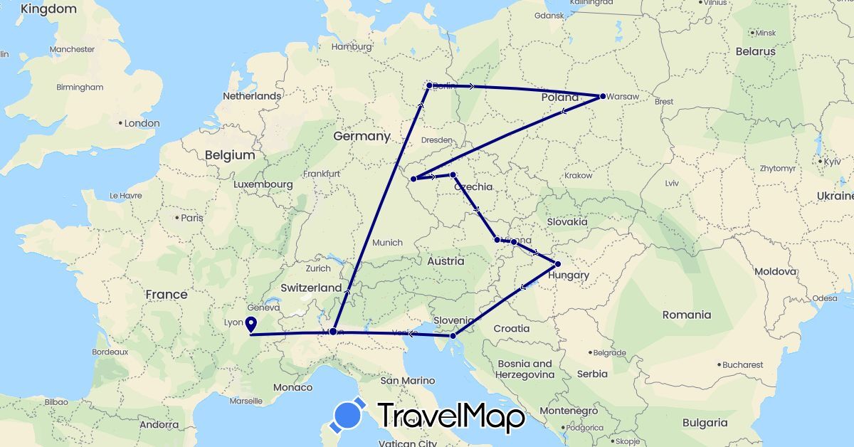 TravelMap itinerary: driving in Austria, Czech Republic, Germany, France, Croatia, Hungary, Italy, Poland, Slovakia (Europe)